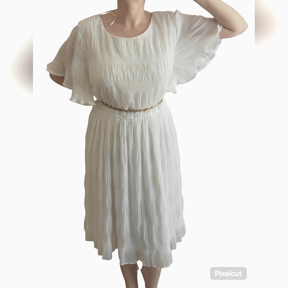 Boho Elegant White Pleated Midi Dress - Flutter Sleeves - One Size Up to XL